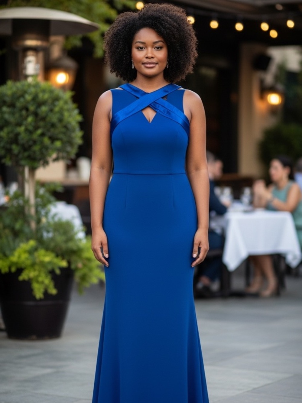 Jessica Howard Royal Blue Satin Cross-V Neck Maxi Dress